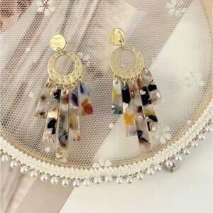 Statement Dangle Earrings - Tortoise‎ Shell, Colorful, Lightweight